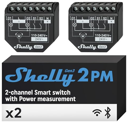 Shelly 2PM Gen3, Wi-Fi Interruttore Intelligente Relé - 2 Canali, 16А, Monitora il Consumo di Energia, Controllo Remoto e Automazione, Illuminazione, Nessun Hub Richiesto, Alexa, Google Home (2 pezzi)