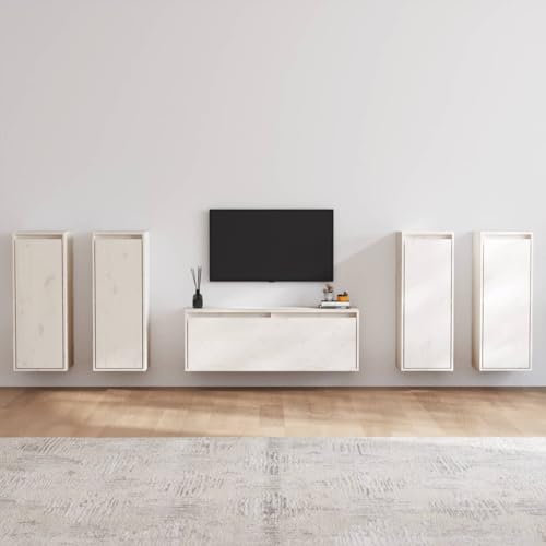 OHOOWOO Meubles TV 5 pcs Blanc Bois Massif de pin,Meuble TV Mural Suspendu en Bois Massif Rangement Pratique et élégant pour Votre Salon Meubles TV