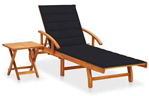 Higsose Liegestuhl Garten mit Tisch und Auflage Akazie Massivholz 200x67x85cm Schwarz Trendigen Relaxliege Pool Rückenlehne und Fußstütze Sind Verstellbar Balkon Sonnenliege Platz für Handy