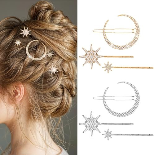 AOZUO 6 Stück Stern Metall Haarspangen Mädchen, Stern Mond Metall Haarspangen mit Strasssteinen, Haarnadeln für Braut und Hochzeit, Haar-Accessoires für Frauen und Mädchen(gold+silber)