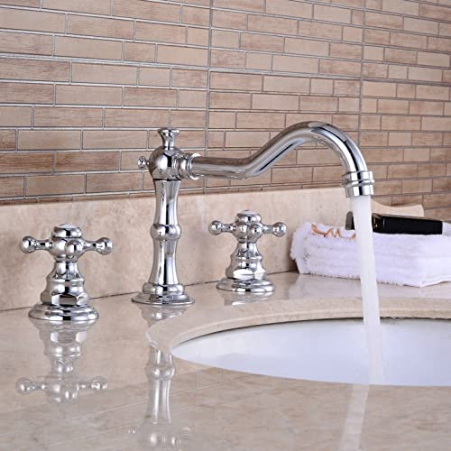 DPNABQOOQ Robinet de lavabo de Salle de Bain Vintage 3 Trous chromé, Robinet mitigeur for évier Chaud et Froid, Bec mélangeur Double poignées, 3 Trous 2 Boutons croisés mitigeur de lavabo en Laiton
