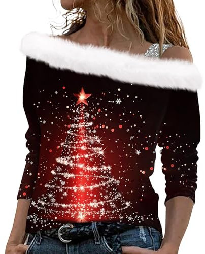 Off Shoulder Weihnachtsshirt Damen Glitzer Chritmas Weinglas Drucken Oberteile Pullover Mesh Langarm Tunika Tops Langarmshirts Bluse Elegant T-Shirts Weihnachtsbluse Weihnachtspullover(Deep Red,S)