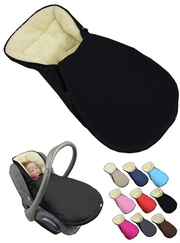 BambiniWelt Winterfußsack für Babyschale – kompatibel mit Maxi Cosi Gruppe 0+ – aus Lammwolle, verstellbar & waschbar – Fußsack für Kinderautositz mit 3-Punkt-Gurtsystem, Farbe: schwarz
