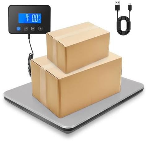 Vinteky Paketwaage bis 200kg/20g Plattformwaage Briefwaage Hoher Kapazität aus Edelstahl, LCD Display Paketwaage mit Hold/Tara Funktion, Batterien&USB, für Pakete/Lager/Gepäck