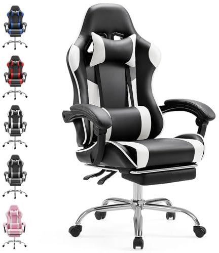 Sweetcrispy Silla para Videojuegos, Silla de Oficina ergonómica con reposapiés, sillas de PC para Videojuegos con reposacabezas cojín Lumbar, Silla de Juegos Ajustable de 90 a 150°, Silla de