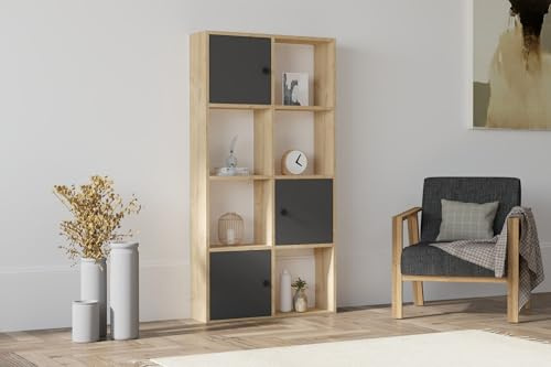 Hanah Home Scandinavian Wall-Mounted Bookshelf, Sapphire & Anthracite, 77.8 x 151.4 x 22 cm | 100% Melamine Coated Particle Board, 18 mm Thick | Stylish & Space-Saving Design