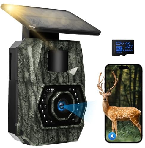 Camara Fototrampeo, Cámara de Caza con Envio al Movil App WiFi Camara Caza Vision Nocturna 48MP Solar Cámara Fototrampeo con Batería de 5200 mAh, 0.1s Velocidad de Disparo Caza Impermeable IP66