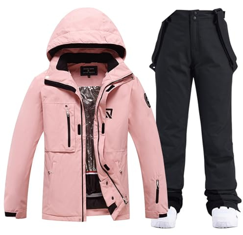ALSOGO Damen Skianzug 2 Teilig Schneeanzug Wasserdicht Winddicht Winter Warme mit Abnehmbare Kapuzen zum Skifahren Snowboarden Schneejacke Schneehose