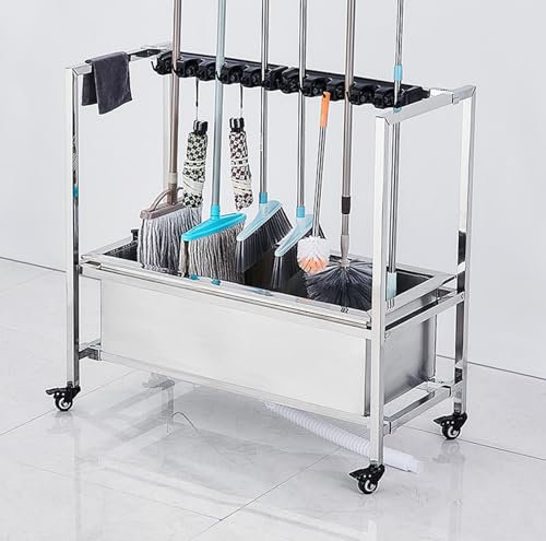 XNXYSMKJ Movable Floor Mop Holder Broom Mop Holder Storage Rack Cleaning Tools,stainless steel,with Slots&Hooks,360° Wheel Design (100.5cm10 tow 12 hooks)