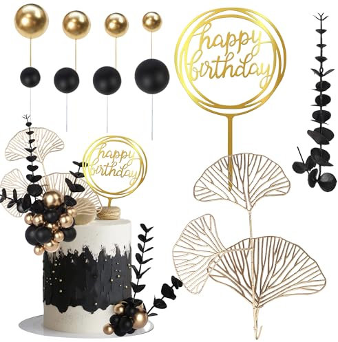 SYKYCTCY 31 Pack Happy Birthday Cake Topper Gold Black Balls Cake Decorations Palm Leaves Black Eucalyptus Grass for Wedding Anniversary Birthday Boho Themed Party Supplies