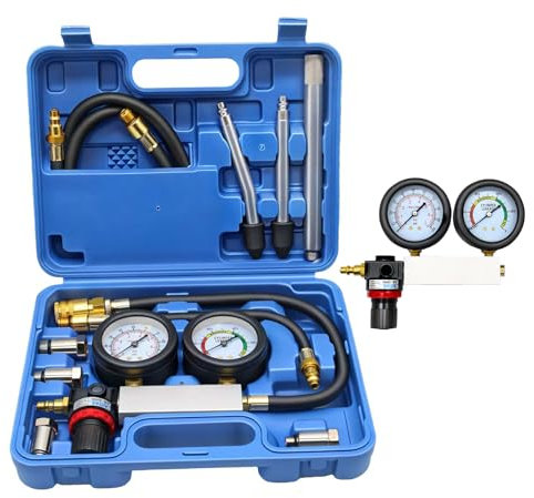 TU-21 Zylinder Leck Tester Kfz-Kit Benzinmotor Kompressionstester Doppelmanometer Leakdown Detector Tool Set für Druckprüfung & Leckrate Test mit Verlängerungsstab, 0-100PSI | 0-7Bar
