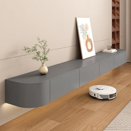Meuble TV mural moderne, support TV flottant avec portes et tiroirs, grand espace de rangement pour salon et chambre à coucher, finition noyer élégante, 300 cm de long