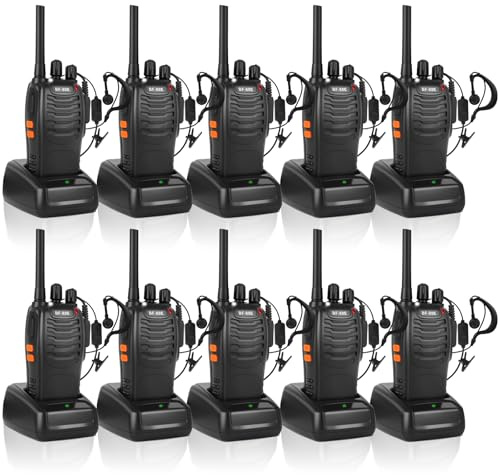 JUAUO 10Pcs Walkie Talkies Long Range Two Way Radios for Adults | 16 Channels, 1500mAh USB Rechargeable Battery, PMR446, VOX, with Earpieces, LED Flashlight, Camping Hiking Travel Work