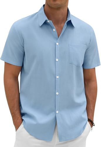Lonya Men's Linen Cotton Shirts Summer Short Sleeve Regular Fit Shirt Casual Smart Button Down Tops Work Holiday Beach Shirt with Pocket, Light Blue, L