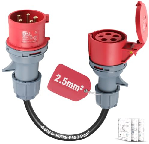 Adapter 32A auf 16A, Starkstrom Adapter IP44 Schutz (VDE 0,5m) | CEE Adapter 32A Stecker 16A Kupplung, IP44, flammhemmendes Nylongehäuse, flexible Gummileitung, für Baustelle, Werkstatt