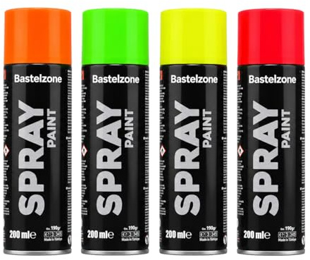 Bastelzone Sprayfarben-Set. 4 Neonfarben je 200 ml – Neon Sprühlack Glänzend, Schnelltrocknende Graffiti Spraydosen für Holz, Metall, Stein & Glas – Neon Gelb, Grün, Orange, Rot