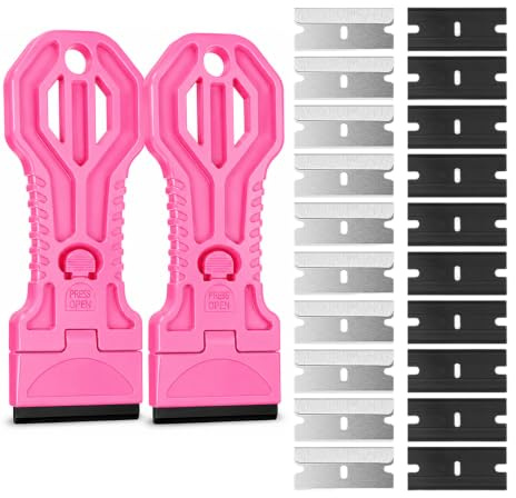 2PCS Plastic Scraper with 10 Plastic & 10 Metal Scraper Refills, Pink | Scraper Cleaning Tool, Glass Paint Adhesive Remover, Multi Purpose Sticker Remover for Car Window Stove Tile