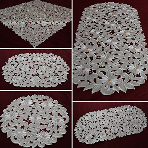 Quinnyshop Tischläufer Tischdecke Creme-Weiß gestickt mit Mageriten Mitteldecke Deckchen (ca. 85 x 85 cm)