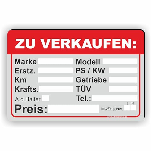 AUTO ZU VERKAUFEN - Verkaufsschild - SCHILD/D-033 (60x40cm Schild)
