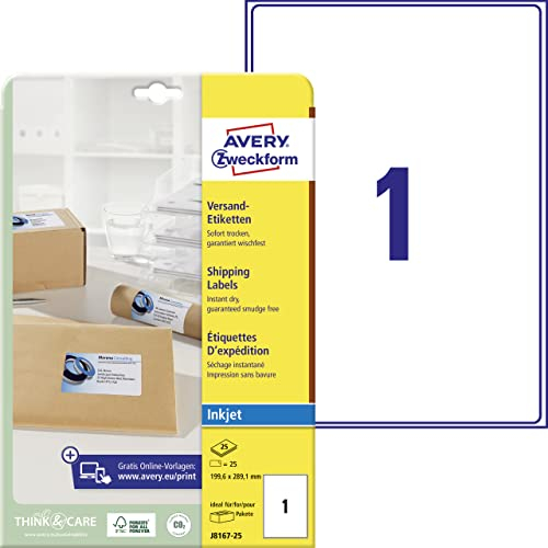 AVERY Zweckform J8167-25 Versandetiketten/Versandaufkleber (25 Etiketten, 199,6x289,1mm auf A4, bedruckbar, selbstklebend, für Inkjet-Drucker, für Pakete und Päckchen) 25 Blatt, weiß