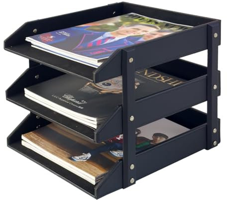 UnionBasic 3-Layer Document Paper Letter Tray, Faux Leather Desktop File Sorter Organizer Tray, Black