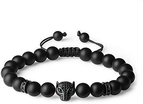 COAI Geschenkideen Glücksarmband aus Matt Onyx Verstellbares Armband Unisex mit CZ Panther-Kopf Charm