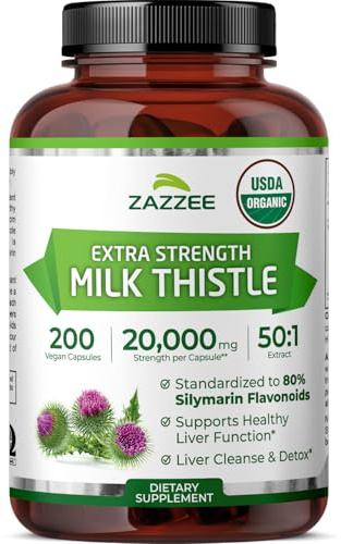 Zazzee USDA Organic Milk Thistle 50:1 Extract, 80% Silymarin Flavonoids, 200 Vegan Capsules, 6+ Month Supply, Silybum Marianum, Liver Support & Detox Support, Organic All-Natural, Non-GMO, Made in USA