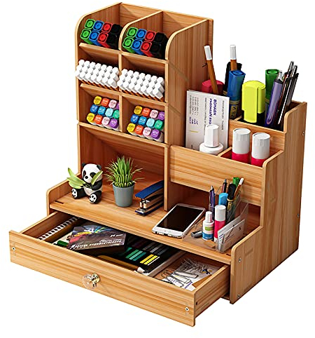 Hggzeg Schreibtisch-Organizer aus Holz, Selbstmontage, Schublade, für Schreibwaren, Schreibtisch-Aufbewahrungsbox, Stifthalter für Zuhause, Büro und Schule, B17, Kirschholz