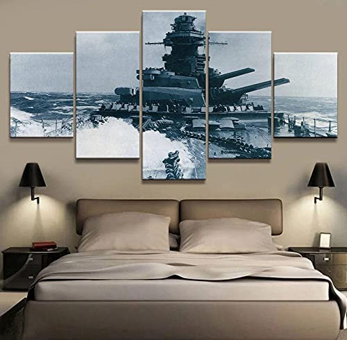 MPPSU Schlachtschiff-Bismarck-Marine-Militär Wanddekoration Wohnzimmer Leinwandbild Jugendzimmer Poster Set Modern 5 Teiliges Wandbild Bedroom Decor XXL Bilder Mit Rahmen 150 * 80cm