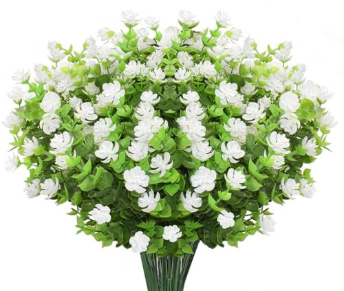 AIOR 10 Bündel Künstliche Blumen Outdoor Deko Künstliche Pflanzen, Grün UV-beständige Eukalyptus Kunstblumen für Haus Garten, Balkon, Fensterbank Dekor, Weiß