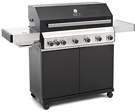 CosmoGrill Premium Black 7 Gas Burner 6+1 Barbecue Grill with Stainless Steel Ceramic Searer, Built-in Temperature Gauge for Home Garden Party Outdoor BBQ Cooking