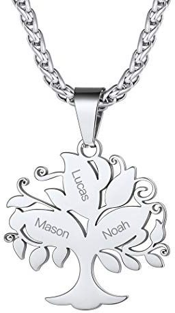 Suplight Collier Arbre de Vie pour Famille Prénom personnalisé Doré Pendentif 3 Prénoms Gravé Acier Inoxydable avec Chaîne 55cm+5cm Bijoux Personnalisé Fête des Mère Anniversaire Noël