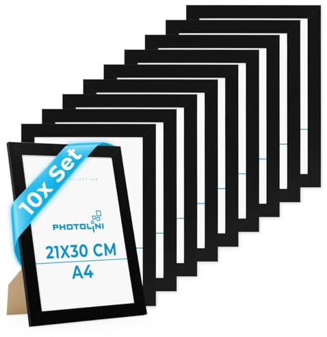 PHOTOLINI Cadre photo A4 21 x 30 cm bois MDF noir, cadre large bord, lot de 10 cadres photo, verre acrylique incassable, décoration murale à suspendre & à poser, accessoires supplémentaires