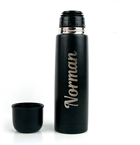 Personalised Hot Drink Flask Reusable Thermal Mug and Cup Lid - Engraved Personalised Gift - Hot Water Tea Coffee On The Go - Car Travel Mug - Black Insulated Stainless Steel Vacuum Flask by Hoolaroo