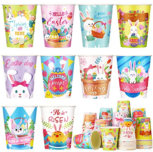 100 Stück Oster-Einwegbecher, 266 ml, Pappbecher, Teetassen, Kaffeetassen, Ostertassen für Ostertag, Party, Trinkgeschirr, Urlaubszubehör, 10 Stile