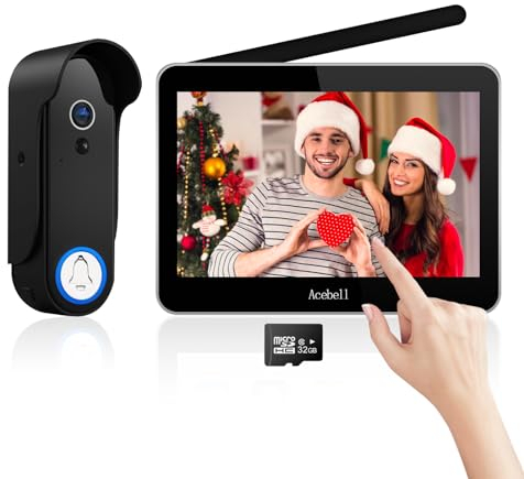 ACEBELL Visiophone sans Fil, Interphone Vidéo sans Fil avec Écran Tactile 7 Pouces 1080P, IP55 Sonnette de Camera à Batterie Rechargeable, Vision Nocturne, PIR Détection de Mouvement