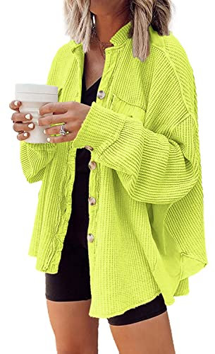 Nirovien Camicia da donna in maglia a nido d'ape oversize con bottoni e maniche a pipistrello con tasche, verde lime, Medium