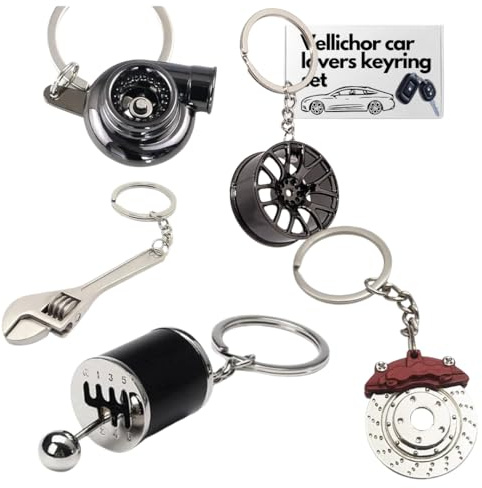 Juego de 5 llaveros para amantes de los autos, palanca de cambios manual, llanta de rueda, llave inglesa, turbo, llavero de disco de freno, accesorios automotrices, juego de regalo para entusiastas de