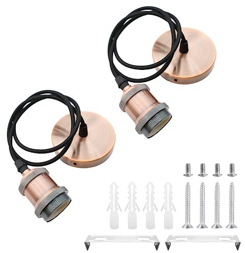 2 Stücke E27 Lampenaufhängung Metall Vintage Lampenfassung Retro Hängeleuchte Pendelleuchte mit Kabel Höhenverstellbar 100cm Textilkabel für Deckenbeleuchtung DIY Wand Deckenleuchte (Rot)