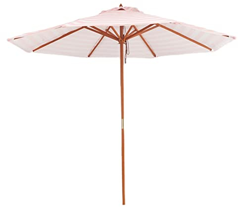 Sonnenschirm Holz Balkonschirm 2.7m, 8 Rippen Sonnenschirm Strand, Marktschirm Terrassenschirm für Garten, Terrasse, Rosa Weiß Gestreift