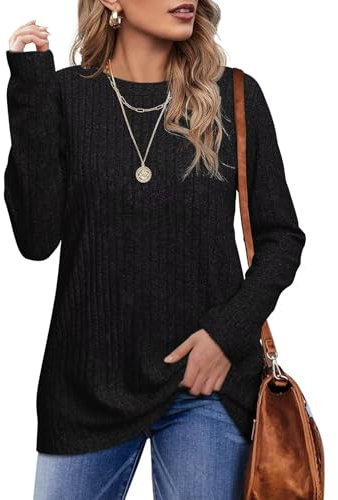 Jescakoo Damen Pullover Casual Rundhals Langarmshirt Leichtes Herbst Strickpullover Winer Oberteile Schwarz L