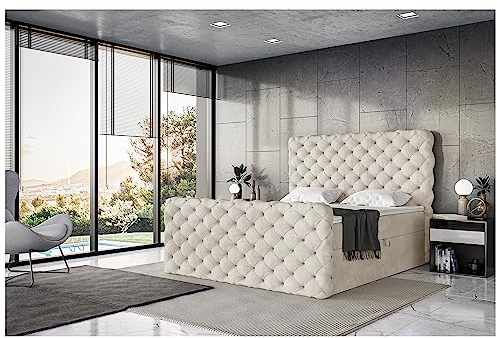 MEBLINI King Boxspringbett mit Bettkasten - Gepolstert Doppelbett mit Matratze und Topper - Polsterbett mit Stauraum - Bett mit Kopfteil - Stauraumbett - Duke - 160x200 - H4/Creme Samt