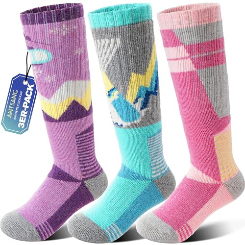 ANTSANG Kinder Merino Woll Skisocken Jungen Mädchen Thermisch Dick Warm Winter Gemütlich Kniehohe Socken zum Skifahren Snowboarden 3 Paar
