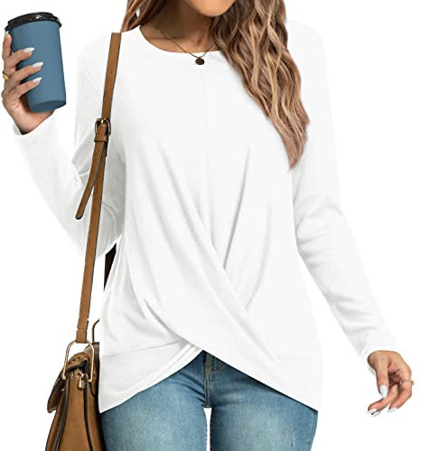 HOTGIFT 2025 Woman Long Sleeve Tunic Tops Lounge Stretch Tee Shirts Front Twist Crewneck White X-Large