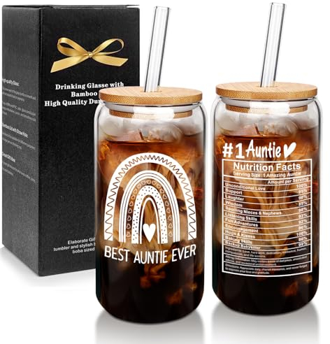 Mason Life Auntie Nutritional Facts Glass Cup, Best Aunt Ever Gift for Mother's Day or Birthday, 18 OZ Coffee Cup