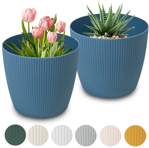 PECZEKO Macetero mate, macetero de plástico, maceta decorativa para plantas grandes, 2 maceteros de flores, macetero para hierbas, (2 unidades), color azul, diámetro de 26 cm