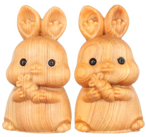 LIFKOME Holz Schnitzerei Hase Deko Figur Set Für Ostern - 2 Stück Osterhasen Dekoration Für Zuhause Tischdeko Und Kindergeschenke Ideal Für Frühlingsfest