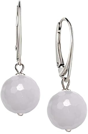 I.L.U.S Weißer Edelstein Ohrringe Silber 925 Hängend für Damen Lange Jade Ohrhänger mit Stein Weiss natur Kristall Kugel Anhänger 12mm Geschenke für Frauen Hängeohrringe Jadeite Schmuck Silber