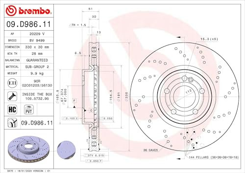 BREMBO 2x Bremsscheibe Vorne Ø330mm Höhe: 51mm Dicke: 30mm gelocht/innenbel. 09.D986.11