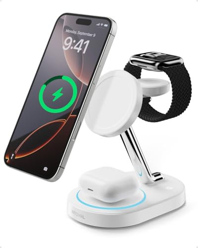 Charging Station for MagSafe Charger,Wireless Charging Station for iPhone MagSafe Charger,Intoval 3 in 1 Fast Magnetic Stand for iPhone 16/15/14/13 Apple Watch, Airpods (White)